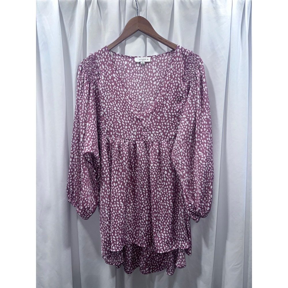 Umgee USA Womens XL Mauve Spotted Animal Print Smocked V-Neck Babydoll Tunic Top